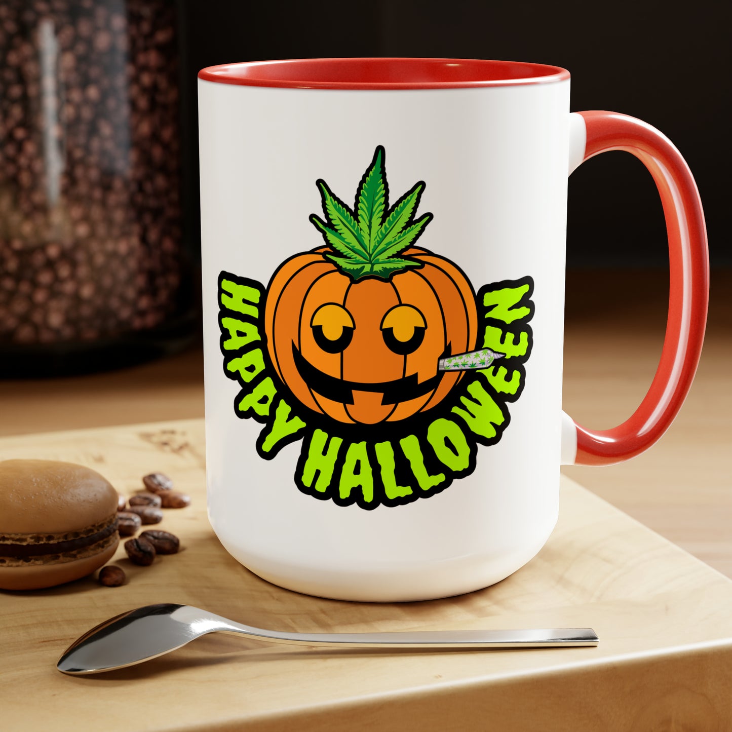 Red Happy Halloween Pumpkin Stoner 15oz Coffee Mug Mockup