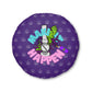 Round tufted floor pillow with a purple background, featuring a graphics of Make It Happen Cannabis, Bong, & Lighter with marijuana leaves and the text "make it happen" in a playful font.