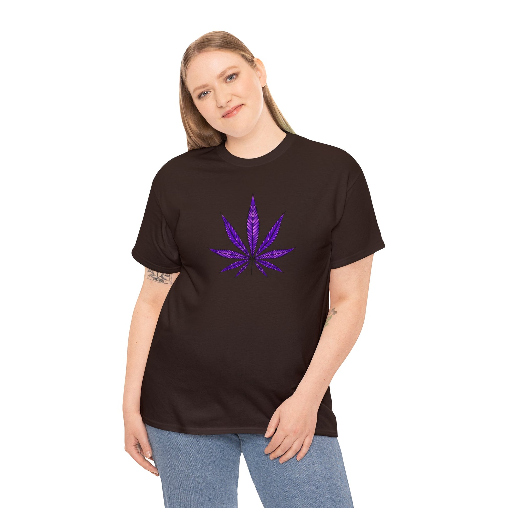 Sentence with Product Name: A woman in a vibrant Purple Cannabis Leaf Tee stands against a white background, showcasing marijuana culture.