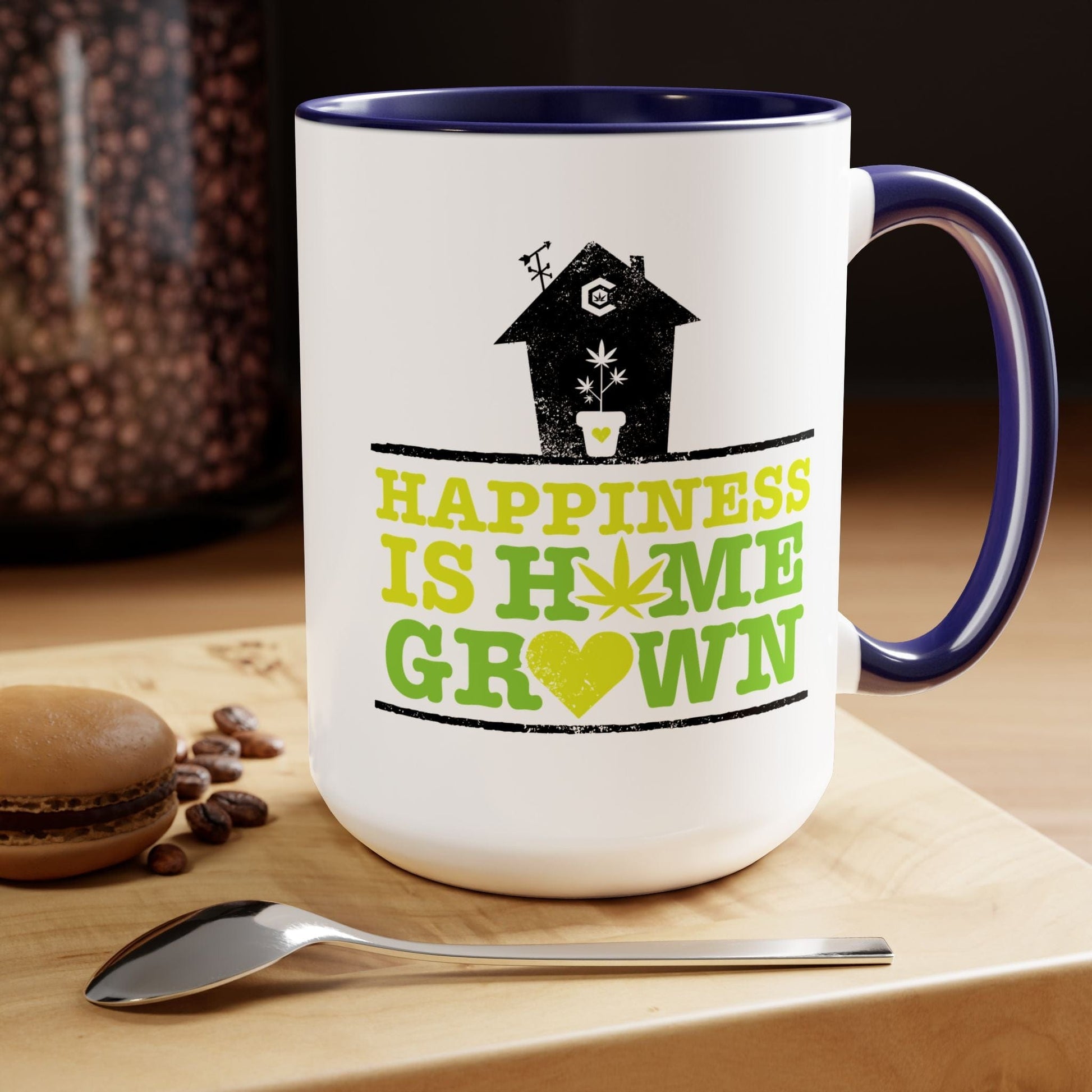 Happiness Is Homegrown Weed Coffee Mug is a white ceramic mug with a blue interior and handle