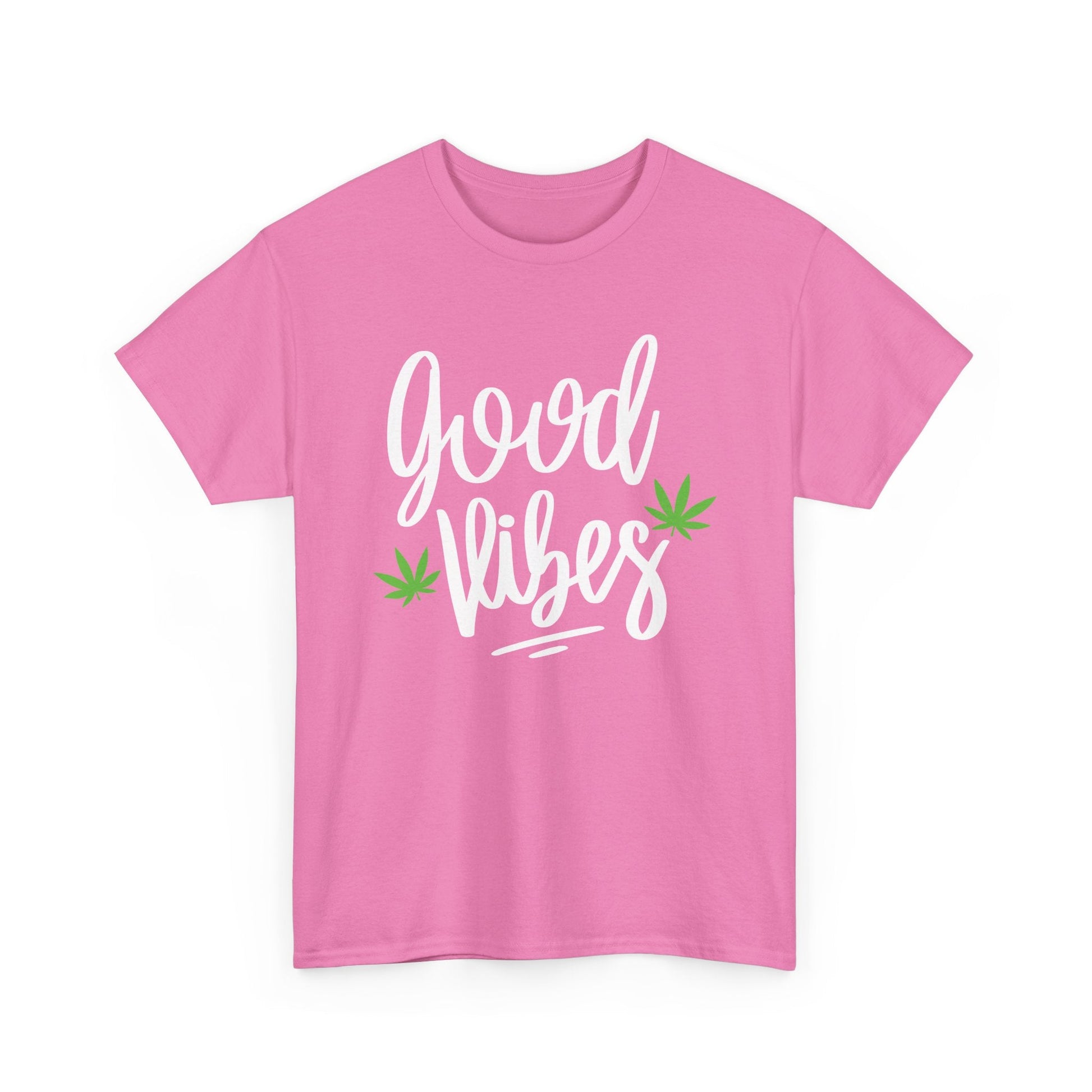 The Good Vibes Marijuana Leaf T-Shirt features “good vibes” in white script with two green cannabis leaves—a perfect choice for plant lovers or relaxed smoke sessions.