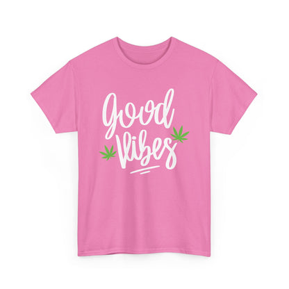 The Good Vibes Marijuana Leaf T-Shirt features “good vibes” in white script with two green cannabis leaves—a perfect choice for plant lovers or relaxed smoke sessions.