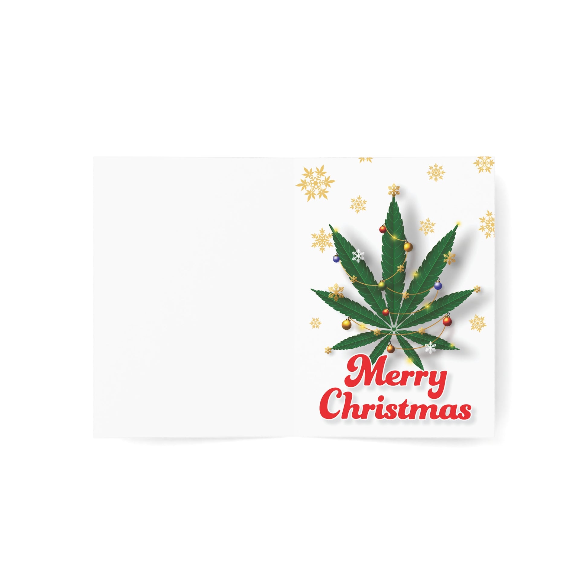 A whimsical Christmas card design featuring a large cannabis leaf adorned with colorful baubles and surrounded by golden snowflakes. Bold 'Merry Christmas' text in red is placed at the bottom against a white background.