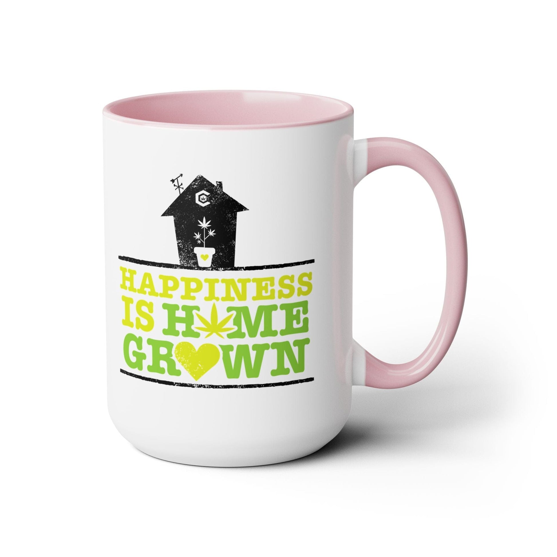 The "Happiness Is Homegrown Weed Coffee Mug" is a white mug featuring a pink interior and handle