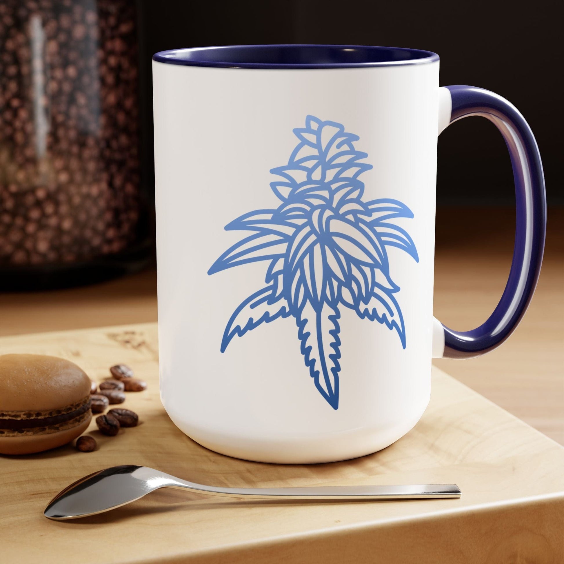 A Blue Dream Cannabis Coffee Mug featuring a blue plant outline design