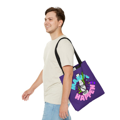 A smiling person walks while carrying a functional and fashionable "Make It Happen Cannabis Tote Bag" in purple