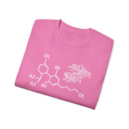 Introducing the Tetrahydrocannabinol (THC) Molecule Weed Shirt, a stylish pink folded t-shirt 