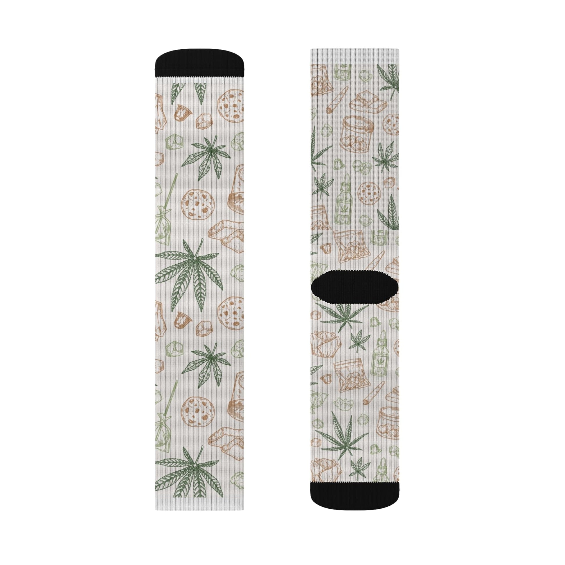 Retro Weed Socks: White socks with black heel and toe, decorated with green cannabis leaves and brown jars—great for 420 gifts or anyone who loves classic weed sock styles.