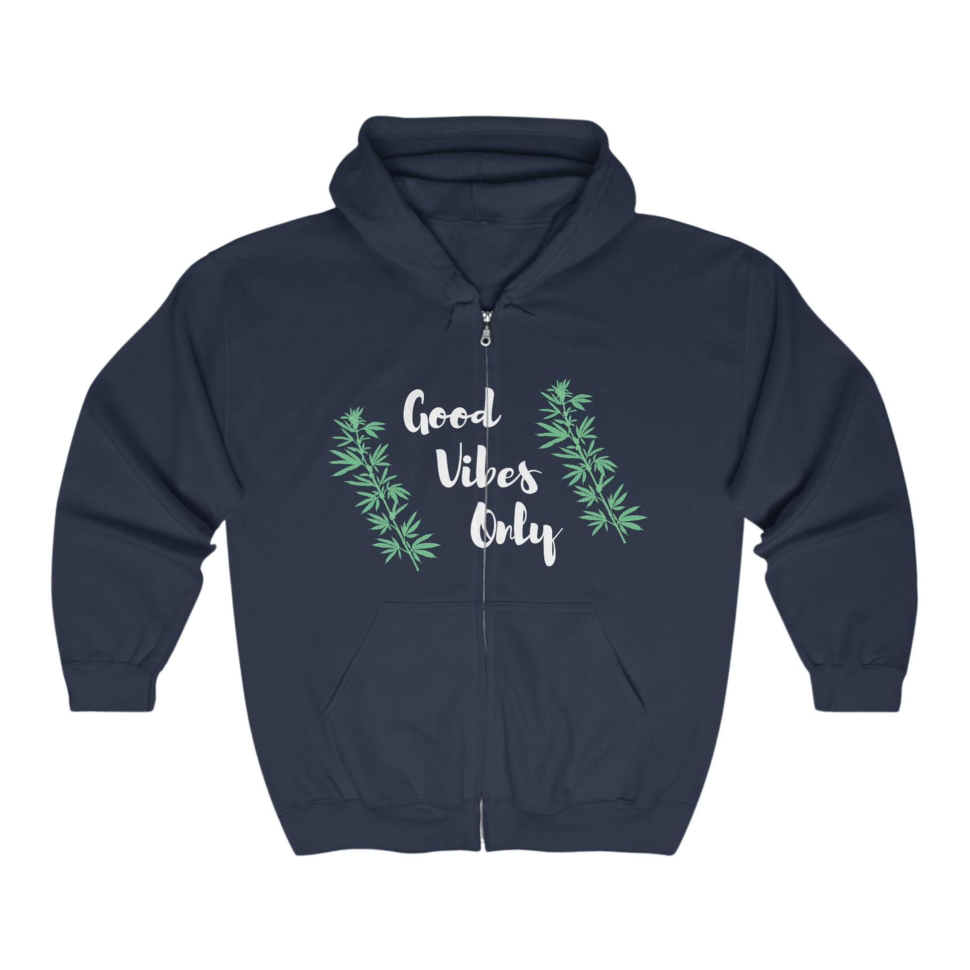 A navy blue Good Vibes Only weed zip up hoodie against a white background