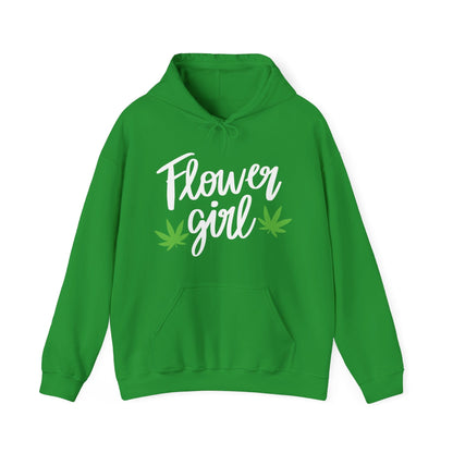 Cozy up in the Flower Girl Pot Leaf Hoodie—an ultra-soft sweatshirt featuring "Flower Girl" in white script and two green marijuana leaves, perfect for showing off your canna pride in style.