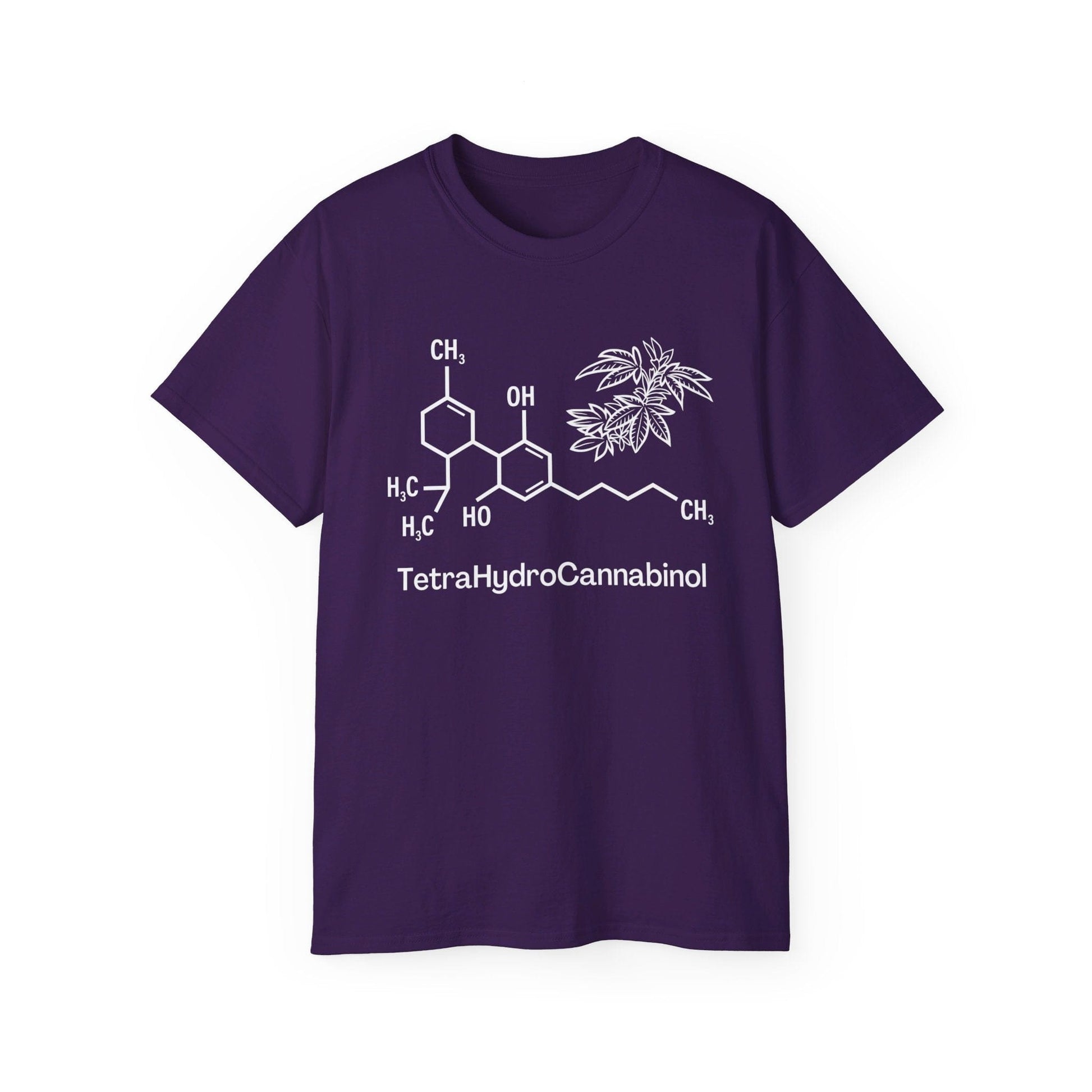 The Tetrahydrocannabinol (THC) Molecule Weed Shirt showcases a purple design 