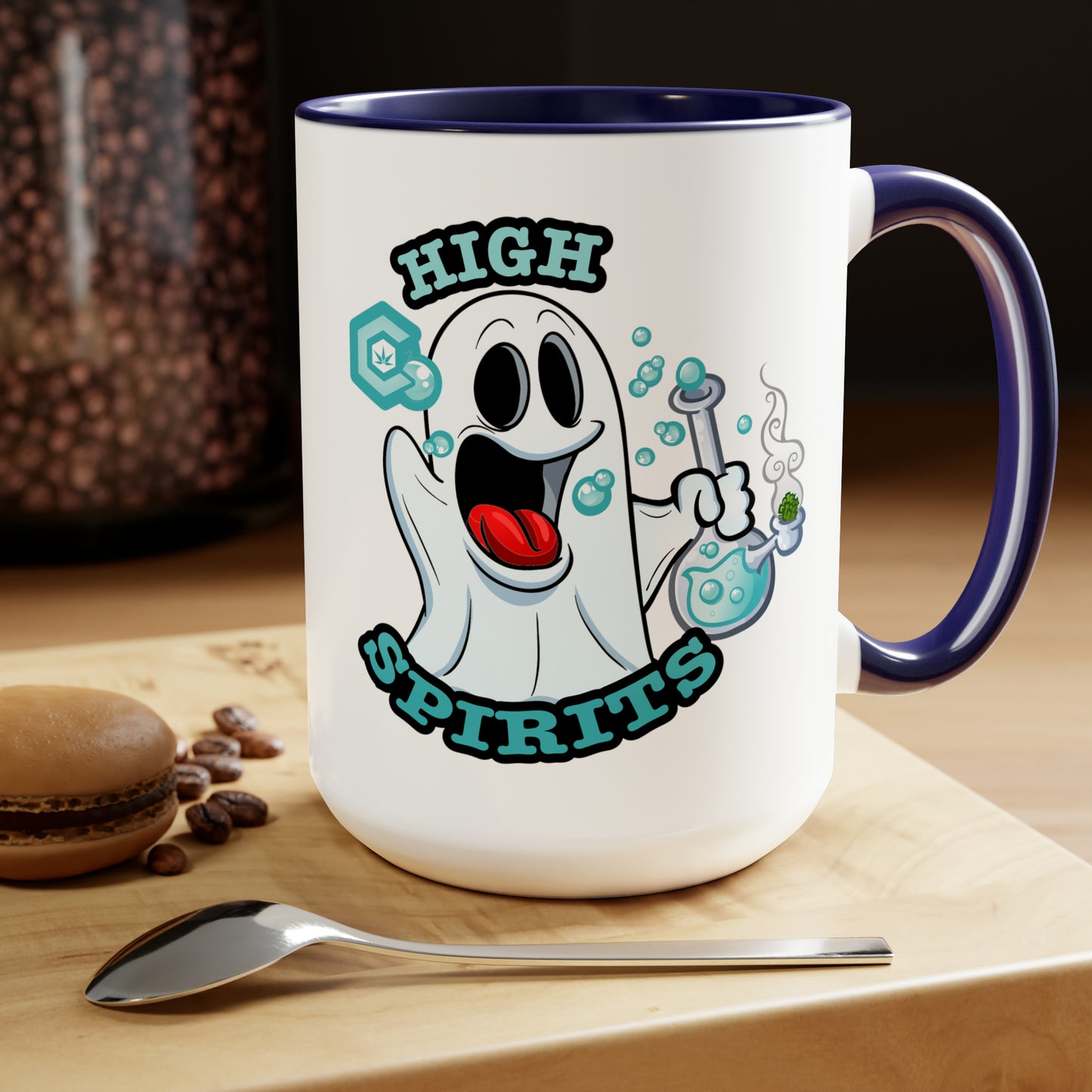 Blue Mock up High Spirits Ghost with Bong 15oz Coffee Mug