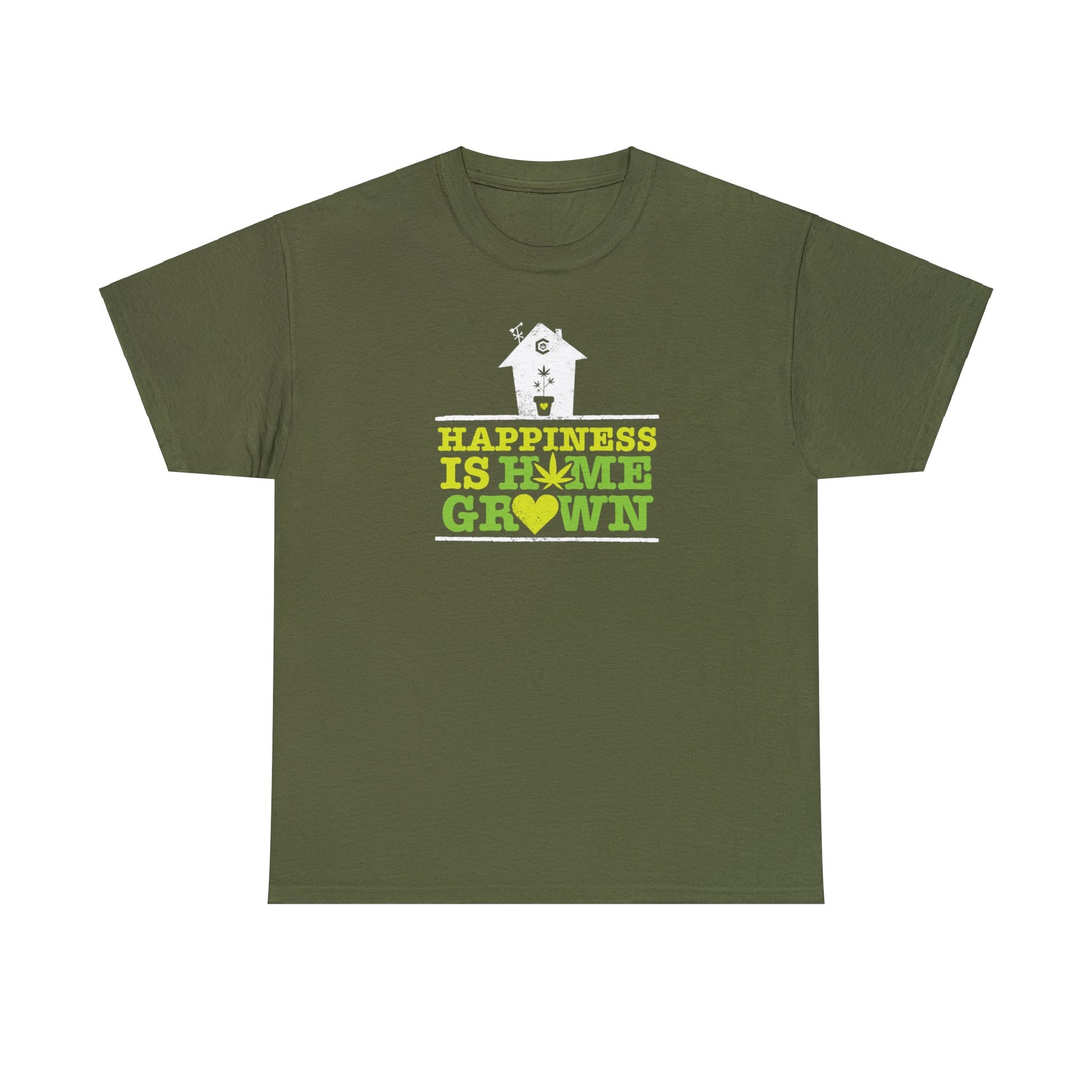 A green Happiness Is Homegrown Pot shirt with a house design.