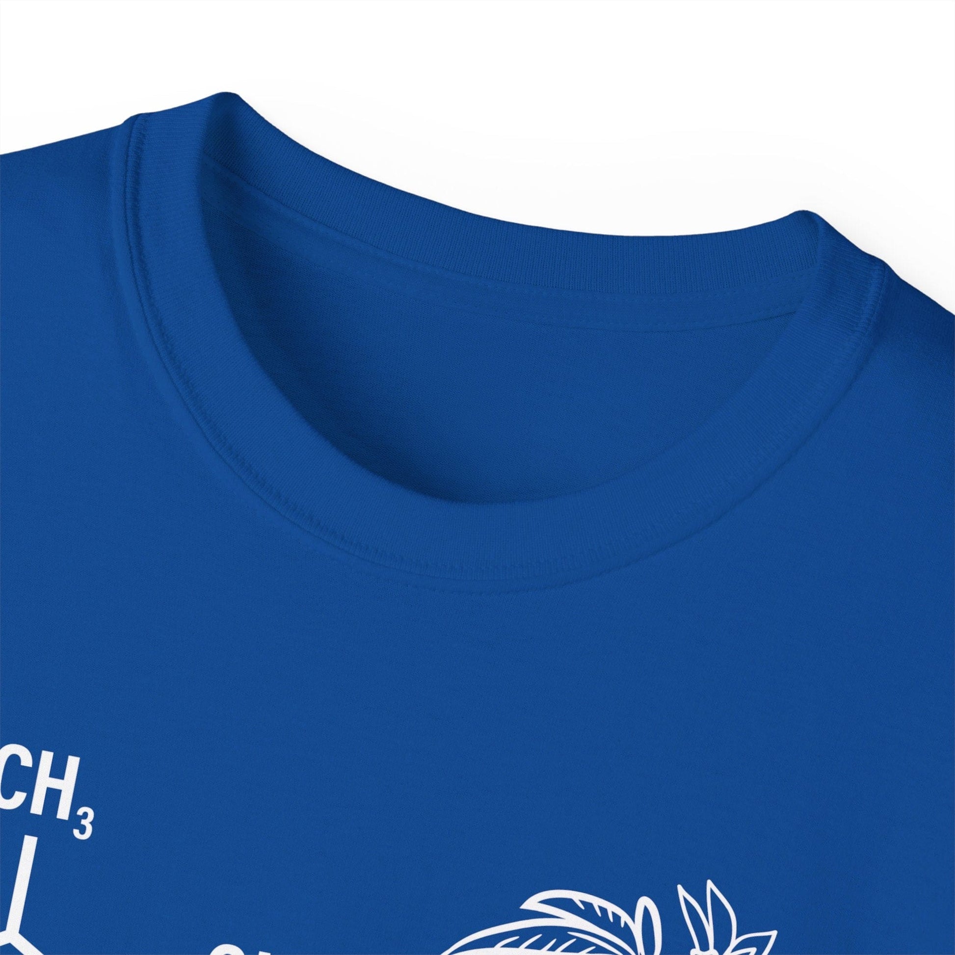 Close-up view of the Tetrahydrocannabinol (THC) Molecule Weed Shirt, a blue crew neck T-shirt 