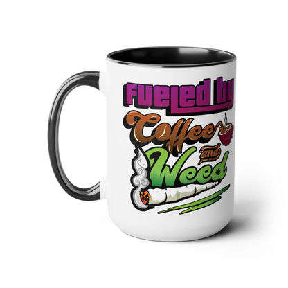 The Fueled by Coffee and Weed 15oz Coffee Mug features a white handle, vibrant “Fueled by Coffee and Weed” text, playful coffee cup and lit joint illustrations—perfect for adding fun to any coffee lover’s routine.