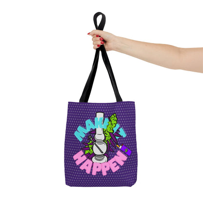 A hand holding the "Make It Happen Cannabis Tote Bag," a stylish purple tote