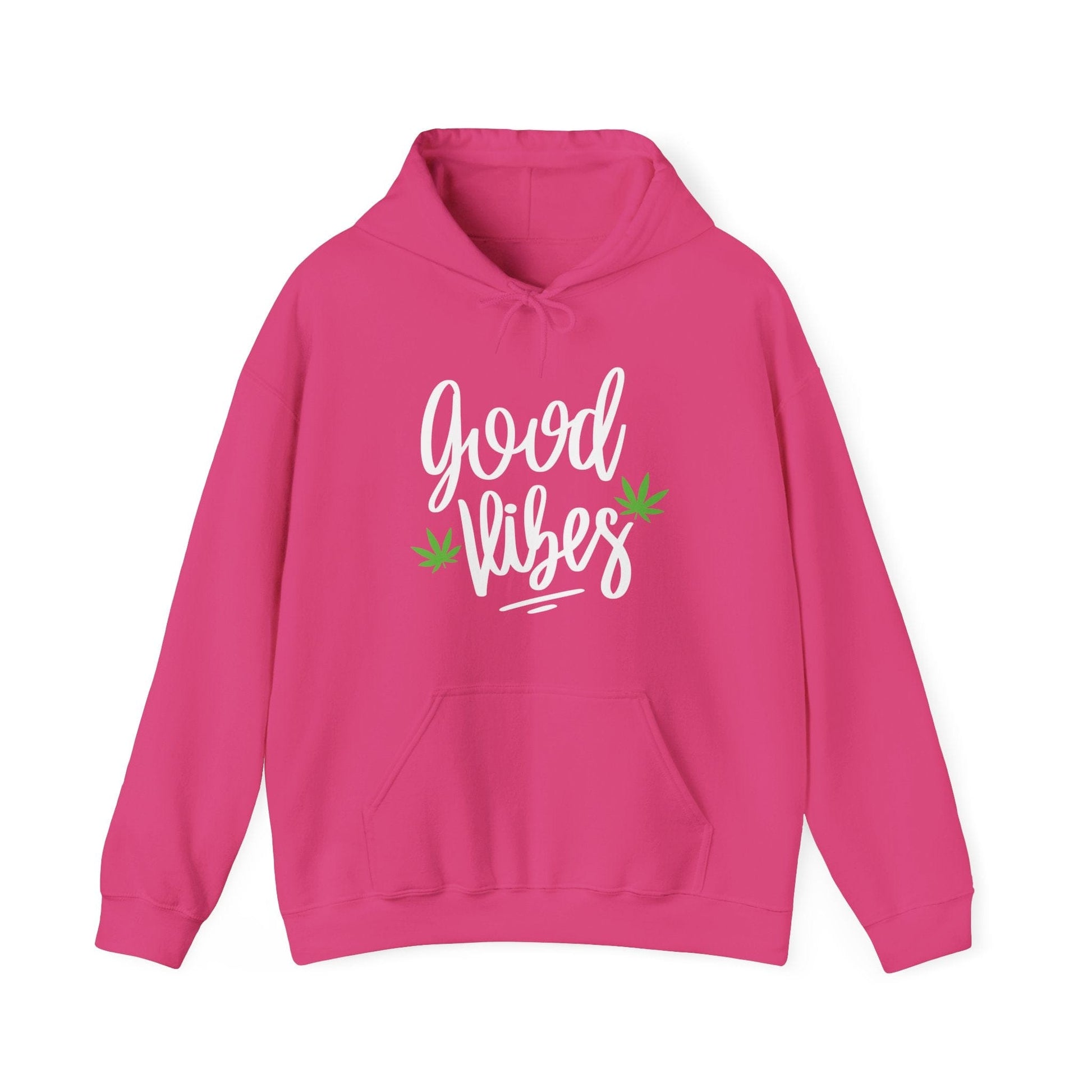 The Good Vibes Marijuana Leaf Hoodie is a cozy pink hoodie with “good vibes” in white cursive and two small cannabis leaf accents printed on the front.