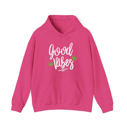 The Good Vibes Marijuana Leaf Hoodie is a cozy pink hoodie with “good vibes” in white cursive and two small cannabis leaf accents printed on the front.