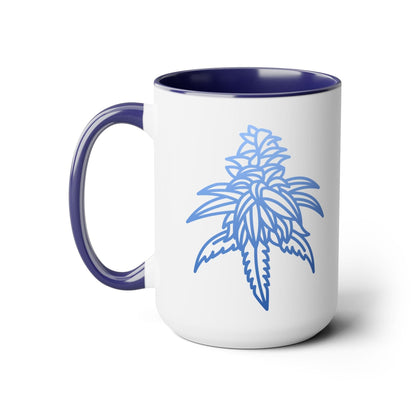 This Blue Dream Cannabis Coffee Mug is a white ceramic mug with a blue handle and interior