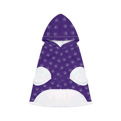 The Make It Happen Cannabis Pet Hoodie, in a vibrant purple shade with a leafy design 