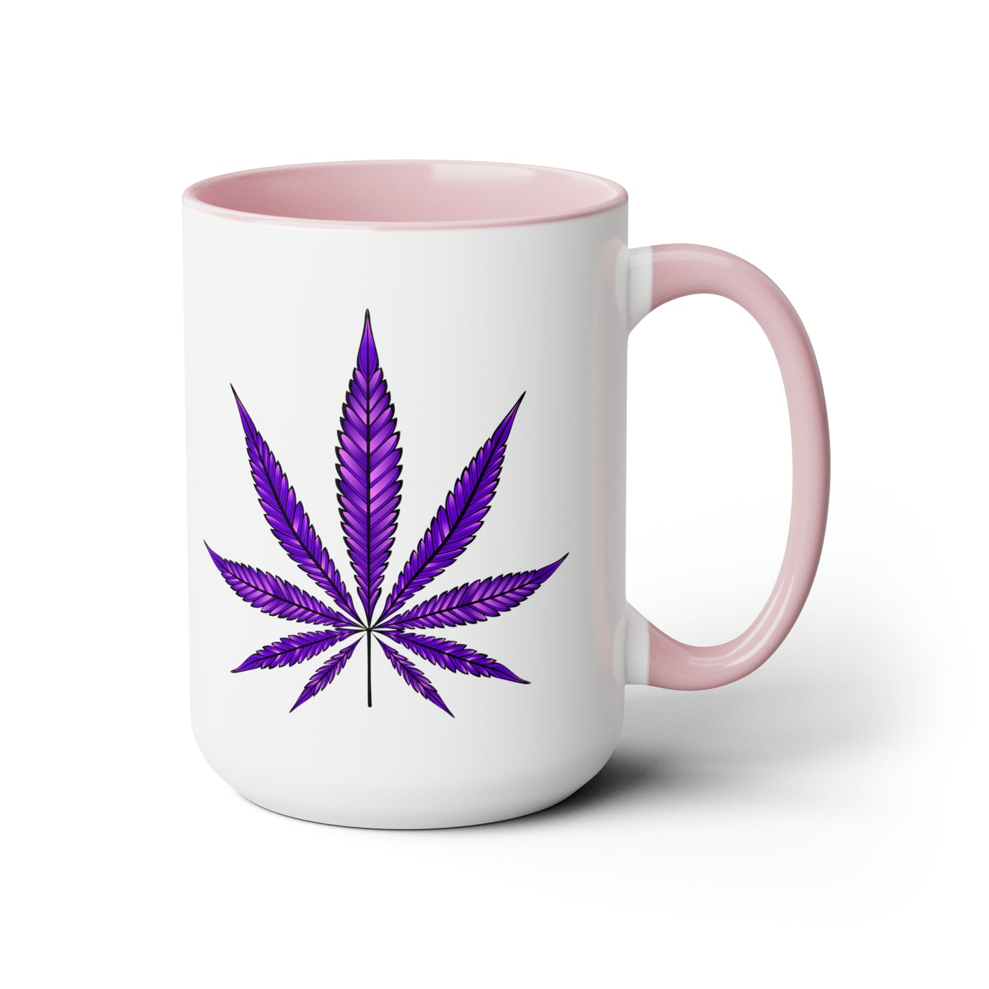 Sentence with product name: Purple Haze Marijuana Coffee Mug with a pink handle and interior, featuring a large Purple Haze marijuana leaf design on the side.