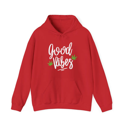 The red Good Vibes Marijuana Leaf Hoodie features "good vibes" in white script on the front with two small cannabis leaf graphics beside the text and a convenient front pocket.