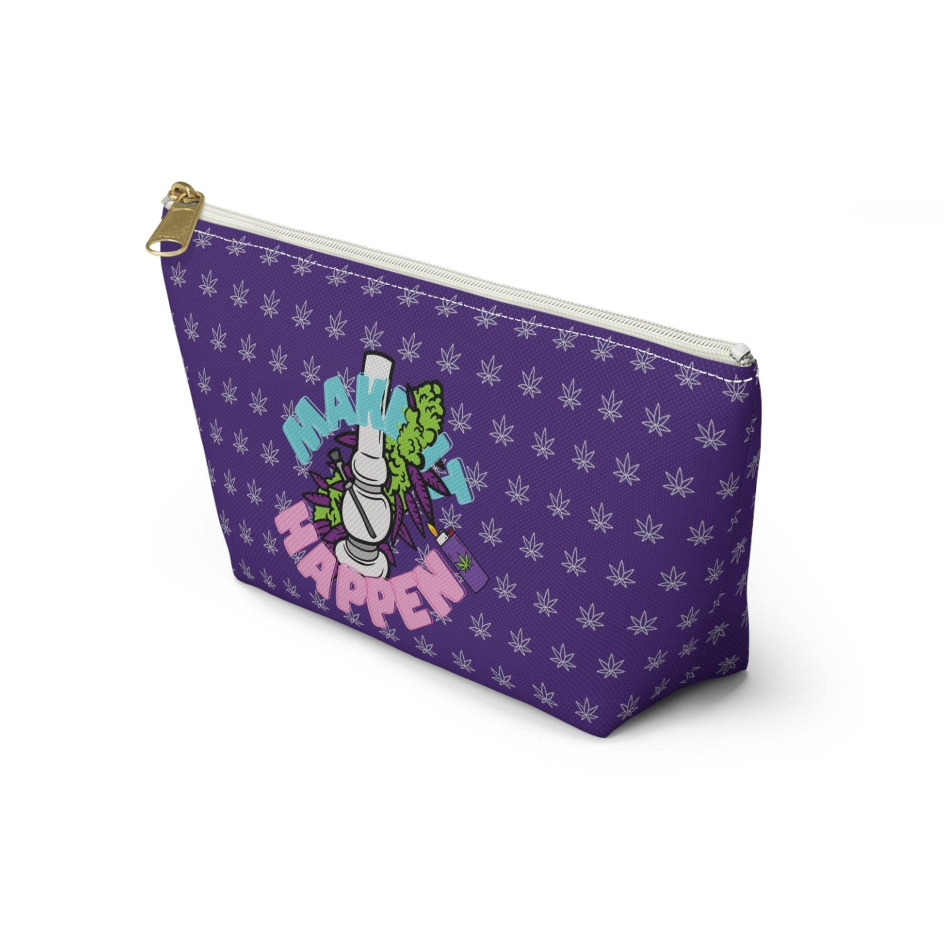 The Make It Happen Cannabis Accessory Pouch is a purple t-bottom pouch adorned with a cannabis leaf pattern