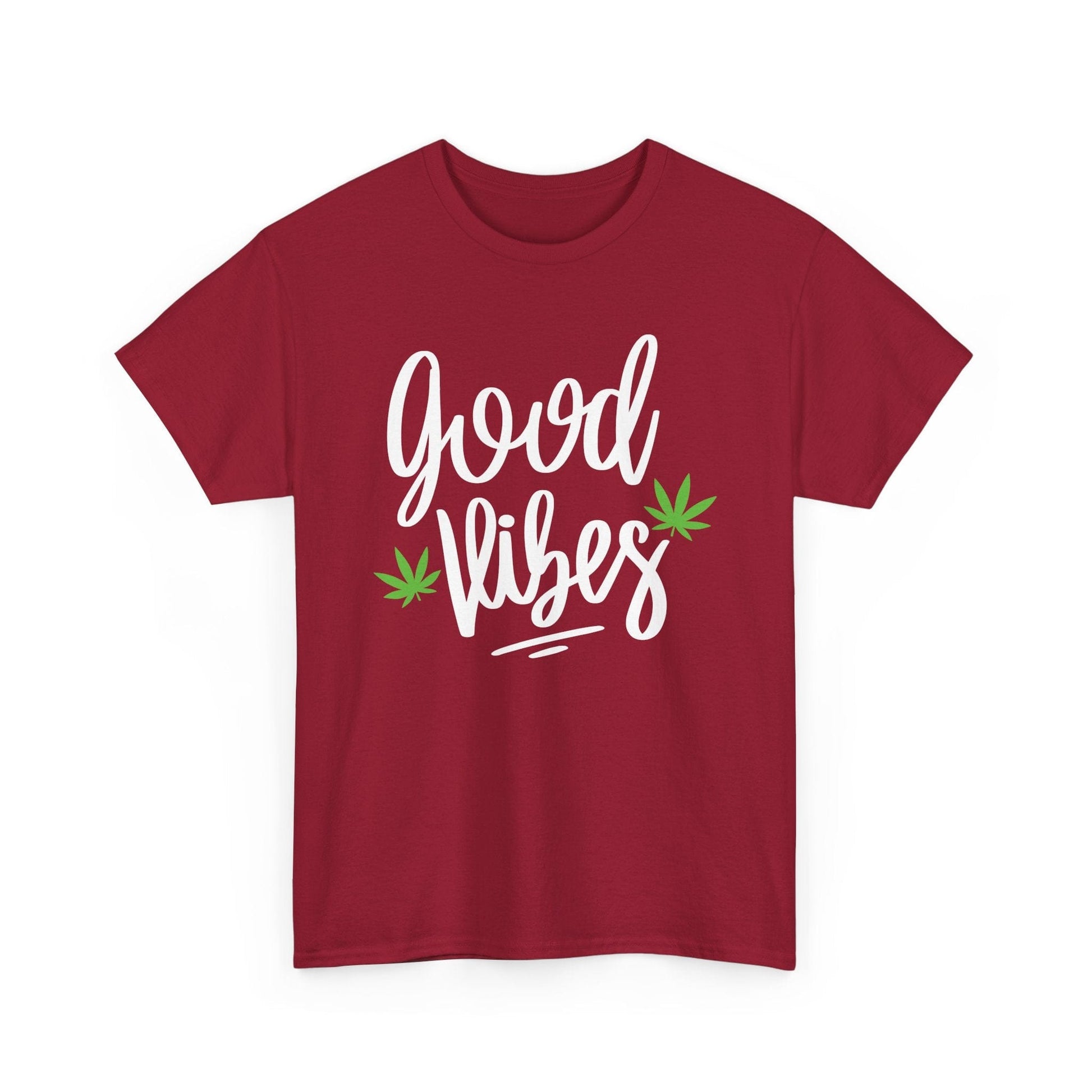 The Good Vibes Marijuana Leaf T-Shirt features “good vibes” in white script with two green cannabis leaves—an ideal pick for plant lovers or laid-back smoke sessions.