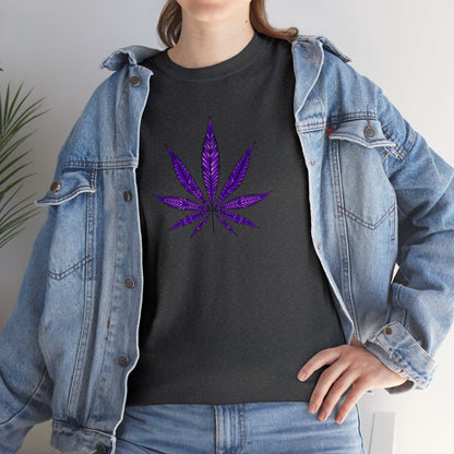 A person wearing a denim jacket over a vibrant color gray Purple Cannabis Leaf Tee, showcasing marijuana culture.