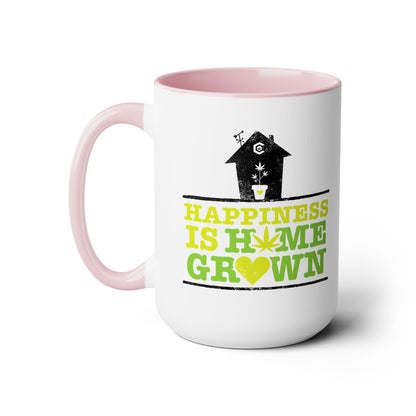 The "Happiness Is Homegrown Weed Coffee Mug" is a white mug with a pink handle and interior