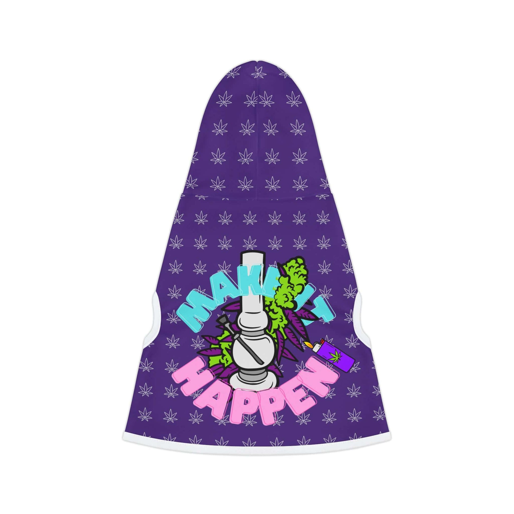 The "Make It Happen Cannabis Pet Hoodie" features a vibrant purple design with cannabis leaves 