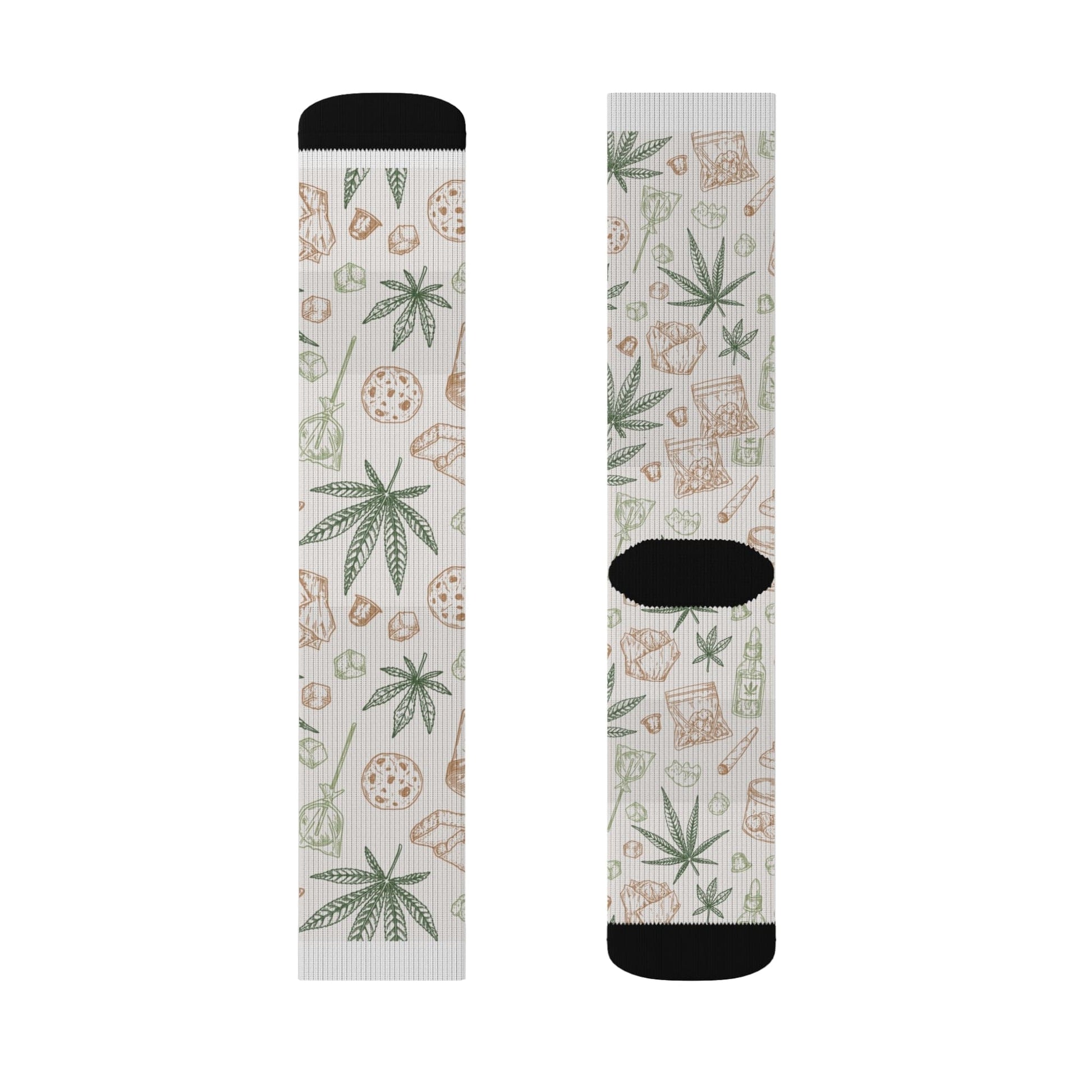 Retro Weed Socks in white feature green cannabis leaves, brown pizza slices, and burger designs, plus black toe and heel accents—making them a fun and quirky 420 gift.