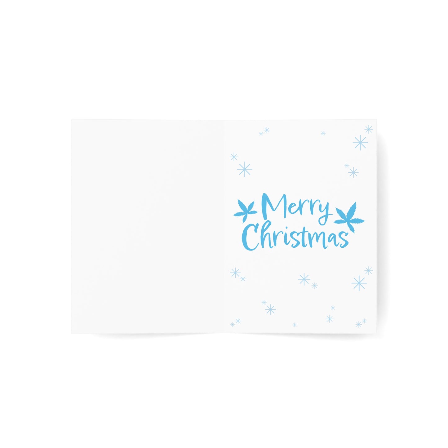 Open Potted Christmas Marijuana Plant Merry Christmas Greeting Card on a white background with "merry christmas" written in blue text, accompanied by blue snowflake designs, made from sustainable paper.