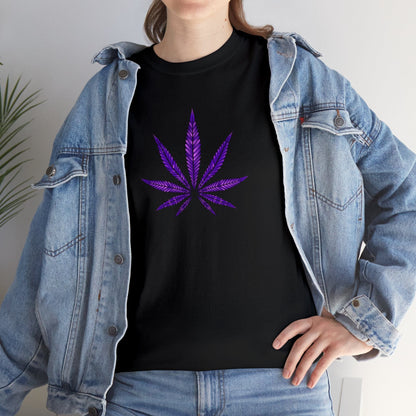 A person wearing a black t-shirt with a vibrant Purple Cannabis Leaf Tee design, layered under an open denim jacket.