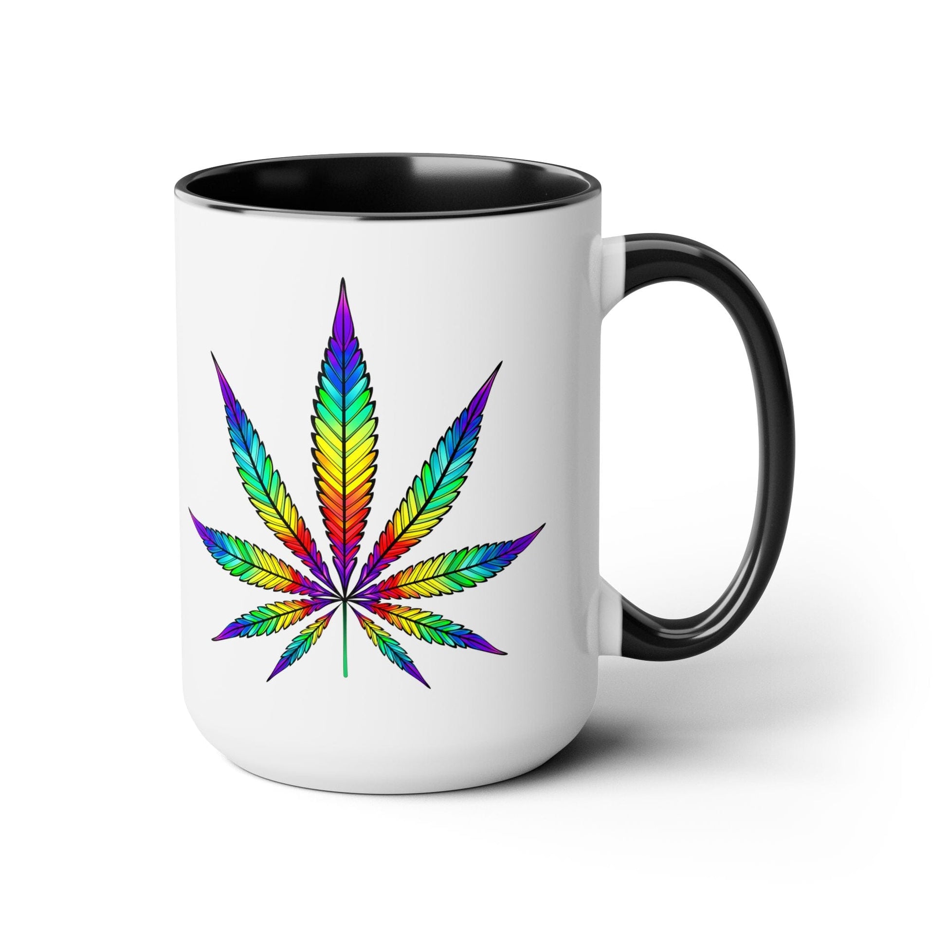 The Vibrant Rainbow Cannabis Mug is a ceramic white mug with a black handle and interior