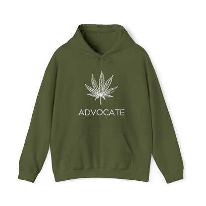 Elegant Advocate Cannabis Leaf Marijuana Hoodie with a white marijuana leaf design and the word "advocate" printed below on a plain white background.