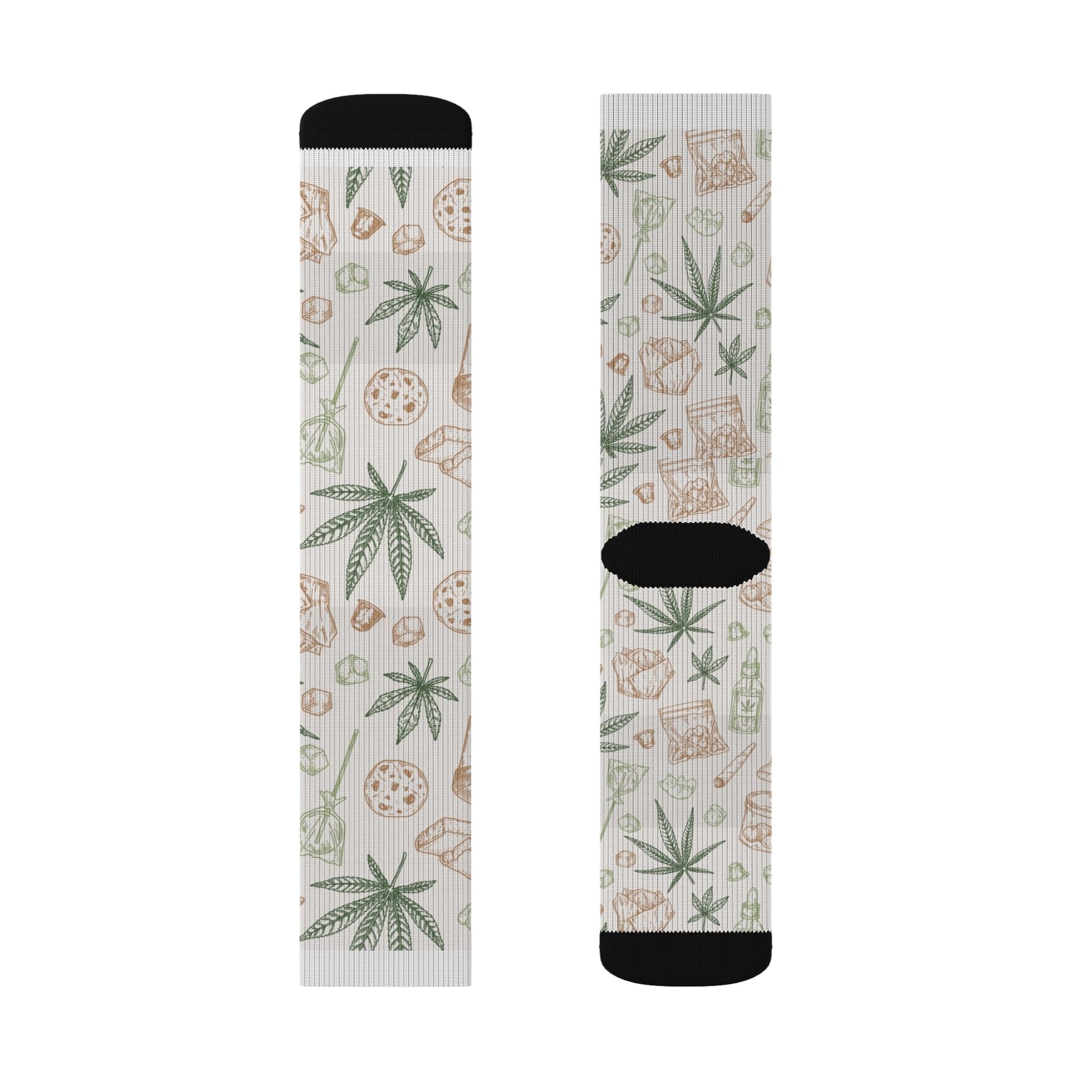 Retro Weed Socks feature a repeating pattern of green cannabis leaves and brown dice, plus black accents on the toes, heels, and cuffs—making them a fun 420 gift.