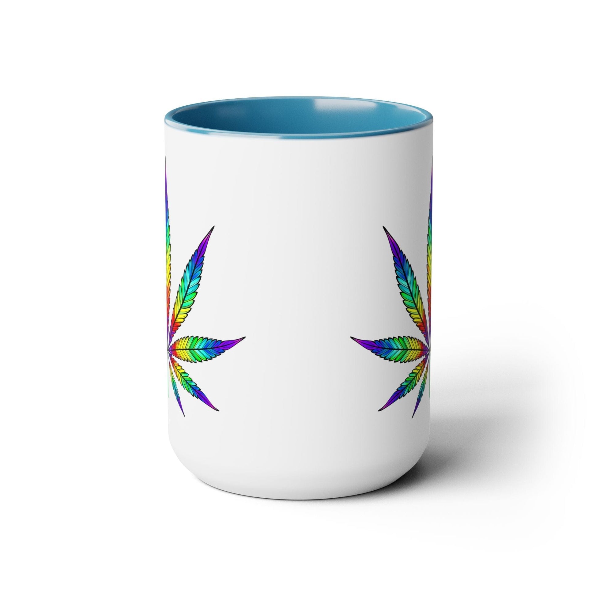 The Vibrant Rainbow Cannabis Mug is a 15oz ceramic mug with a blue interior