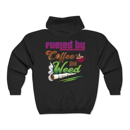 The Fueled by Coffee and Weed Full Zip Hooded Sweatshirt features colorful text, a coffee cup, and joint graphic. This soft fleece hoodie is perfect for cozy days when you want both comfort and style.