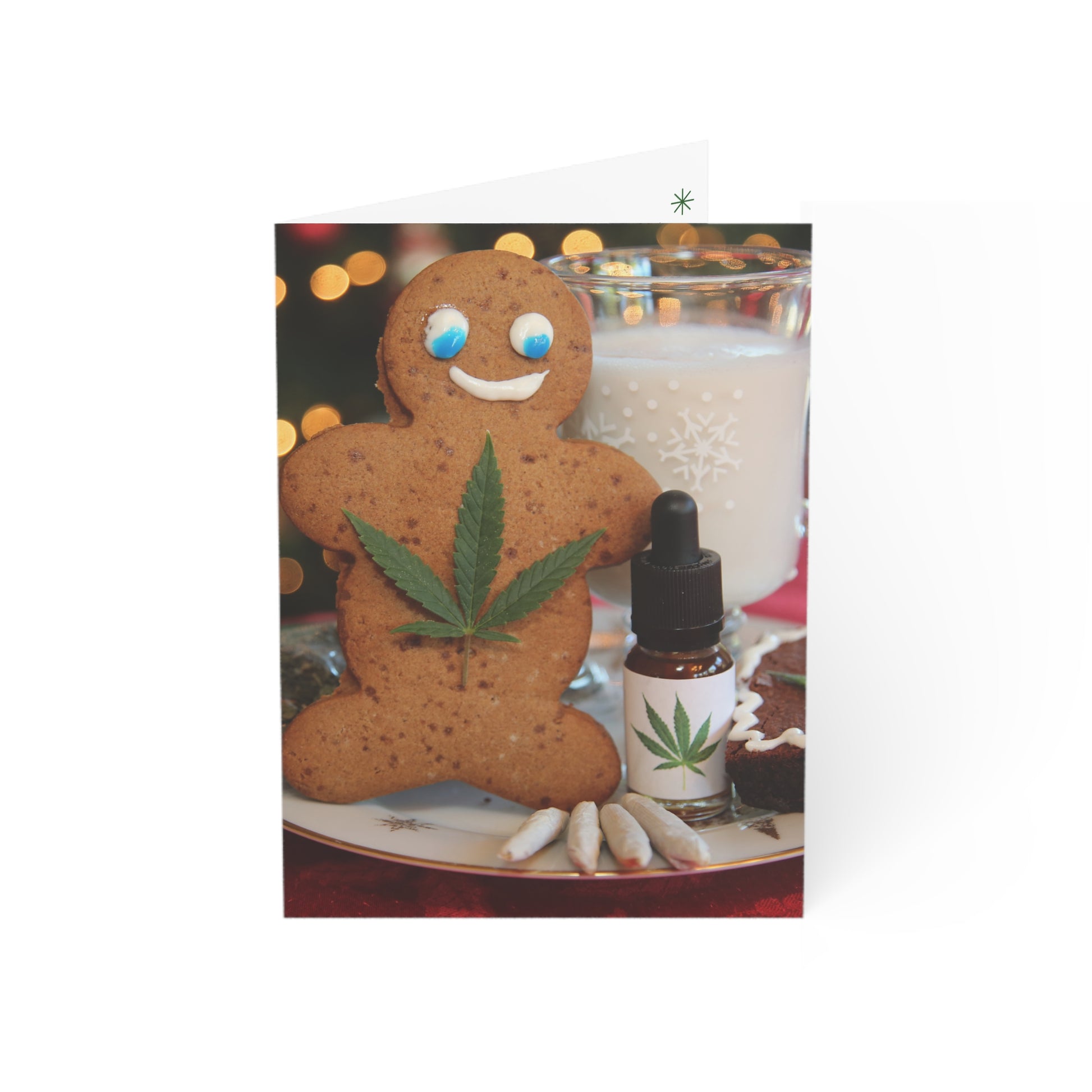 Gingerbread Man with a pot leaf next to a tincture, glass of milk, brownie, and joints for Santa.