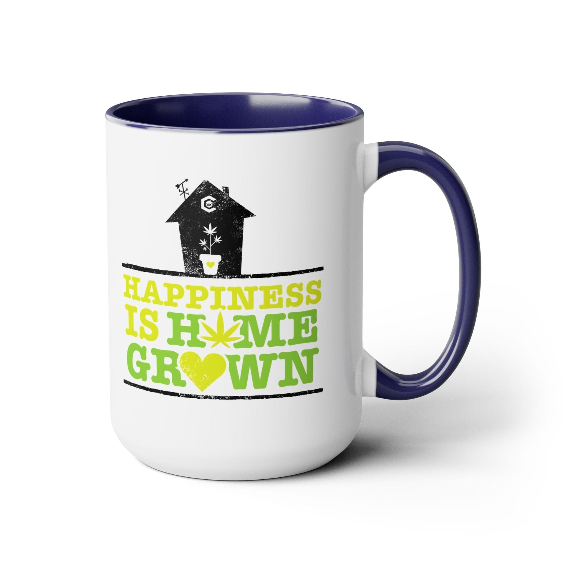 The Happiness Is Homegrown Weed Coffee Mug is a white ceramic mug featuring a vibrant blue interior and handle