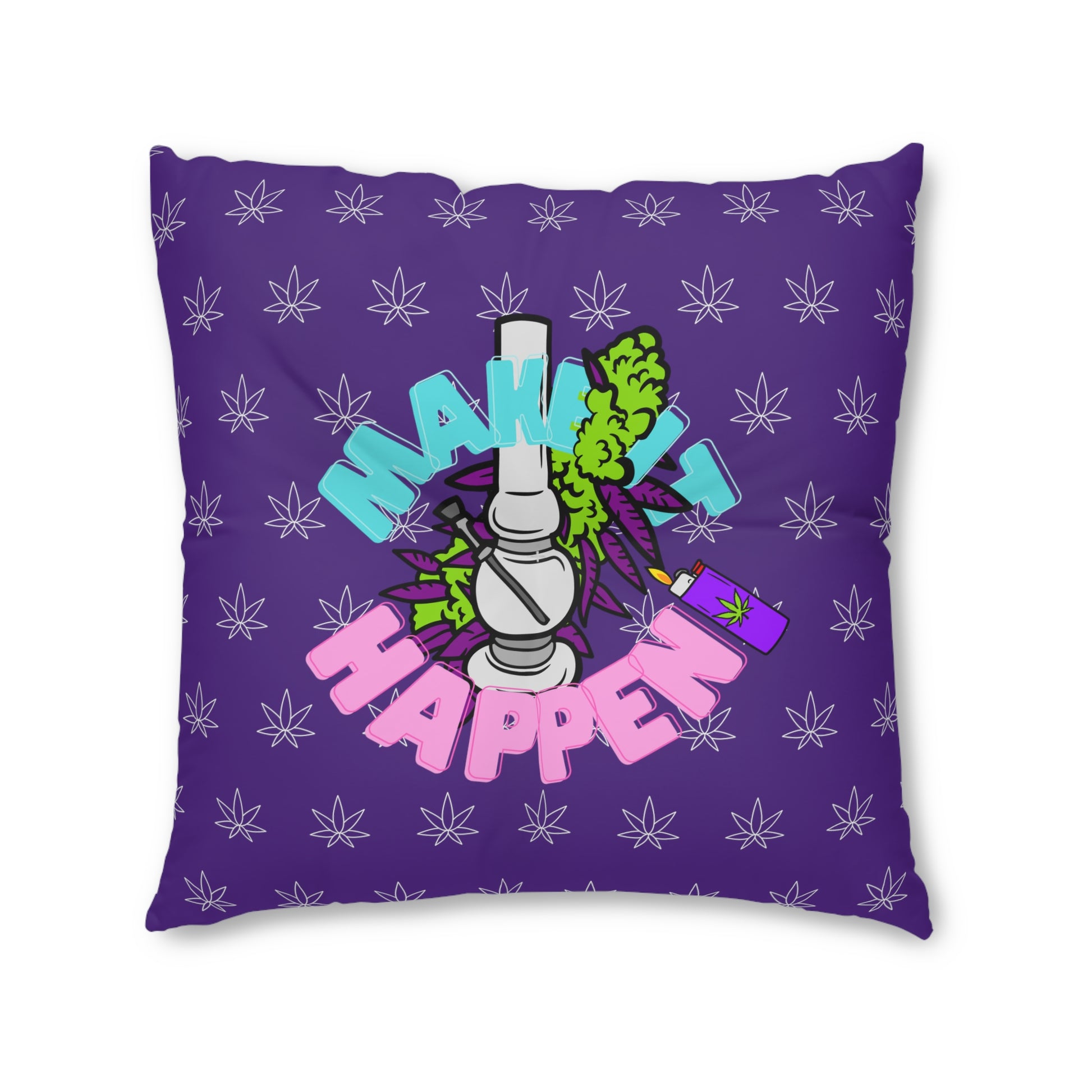 Purple Make It Happen Cannabis tufted floor pillow featuring a graphic design with a cartoon bomb, broccoli, and the phrase "make it happen" in bold letters, surrounded by small white stars.