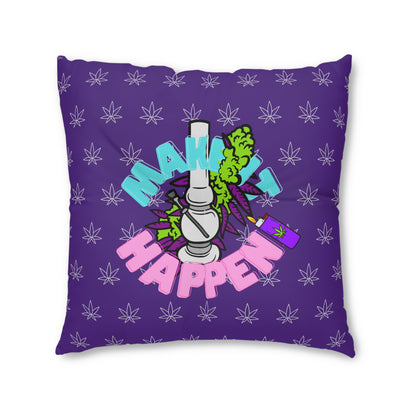 Purple Make It Happen Cannabis tufted floor pillow featuring a graphic design with a cartoon bomb