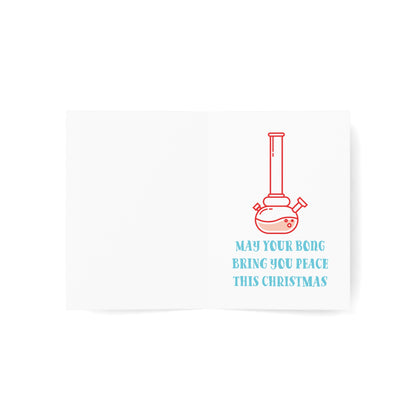 Open Happy Holidaze Zen Lion Smoking Bong Merry Christmas Greeting Card with a red illustration of a chemistry flask and text that reads "may your personalized wish bring you peace this Christmas," printed on sustainable paper.