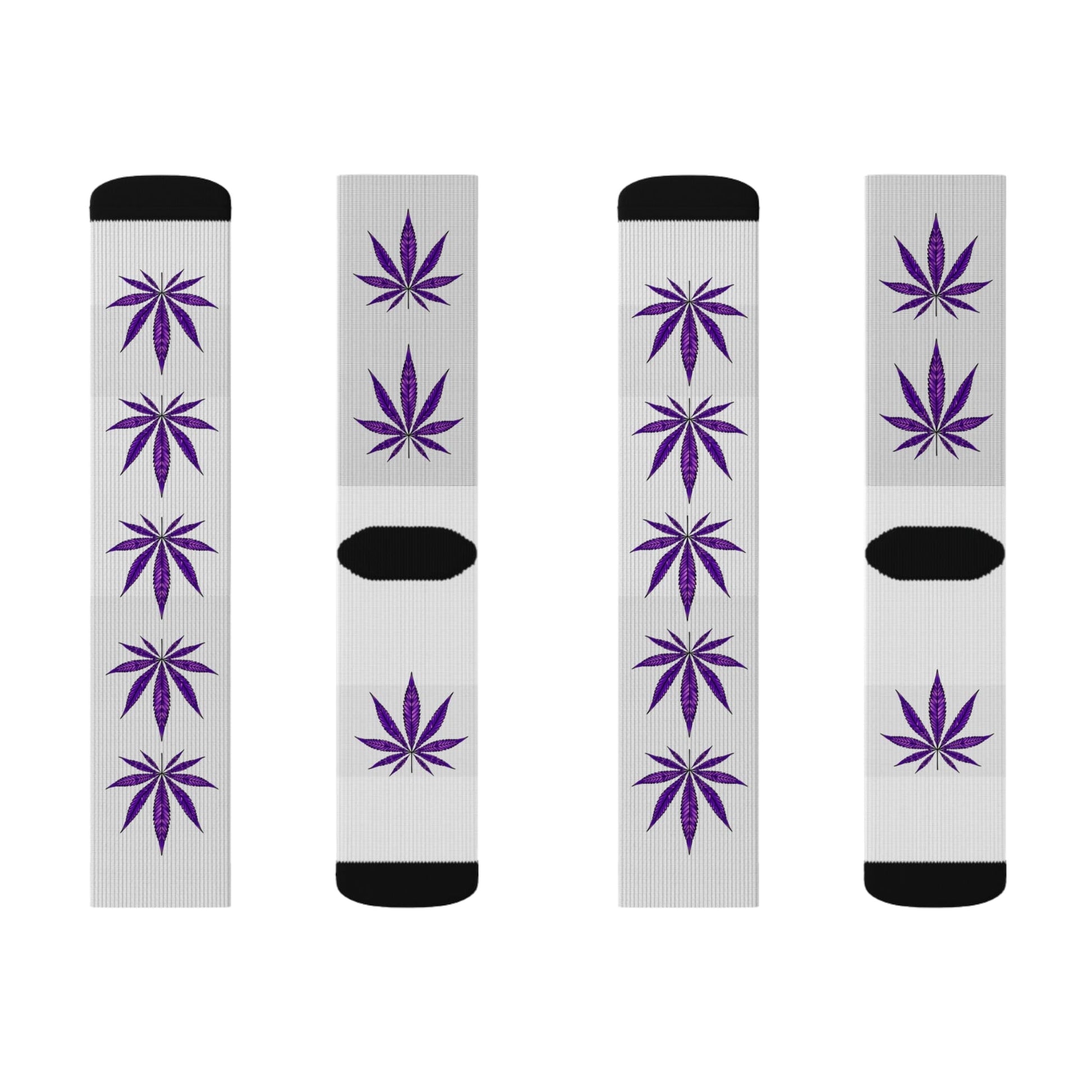 The Purple Haze Weed Socks are white fleece-lined socks with black toes and cuffs, each decorated with purple cannabis leaves. Comes in a pack of four pairs.