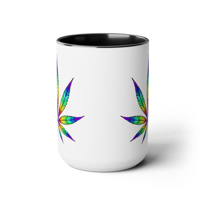 The Vibrant Rainbow Cannabis Mug is a white ceramic mug