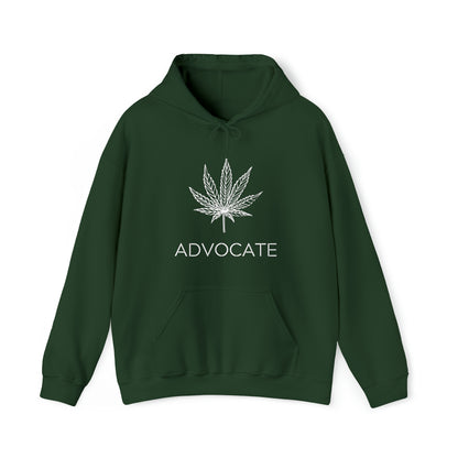 Elegant Advocate Cannabis Leaf Marijuana Hoodie with a white marijuana leaf design and the word "advocate" printed below on a white background.