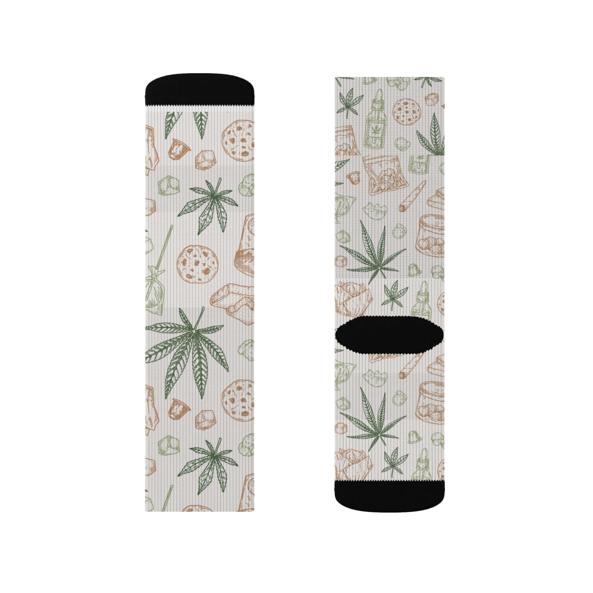 Retro Weed Socks feature black toe and heel accents with a fun print of cannabis leaves, pizza, bongs, and snacks on a light background—making them the perfect quirky 420 gift.