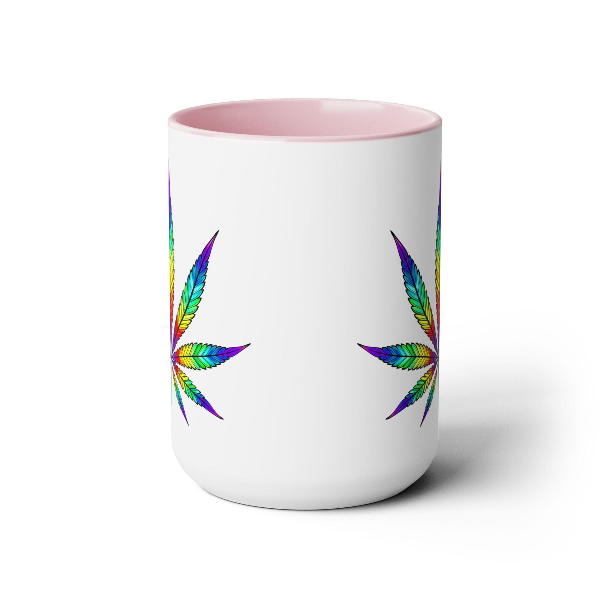 Introducing the Vibrant Rainbow Cannabis Mug: a 15oz white ceramic mug with a pink interior