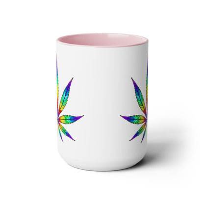 Introducing the Vibrant Rainbow Cannabis Mug: a 15oz white ceramic mug with a pink interior